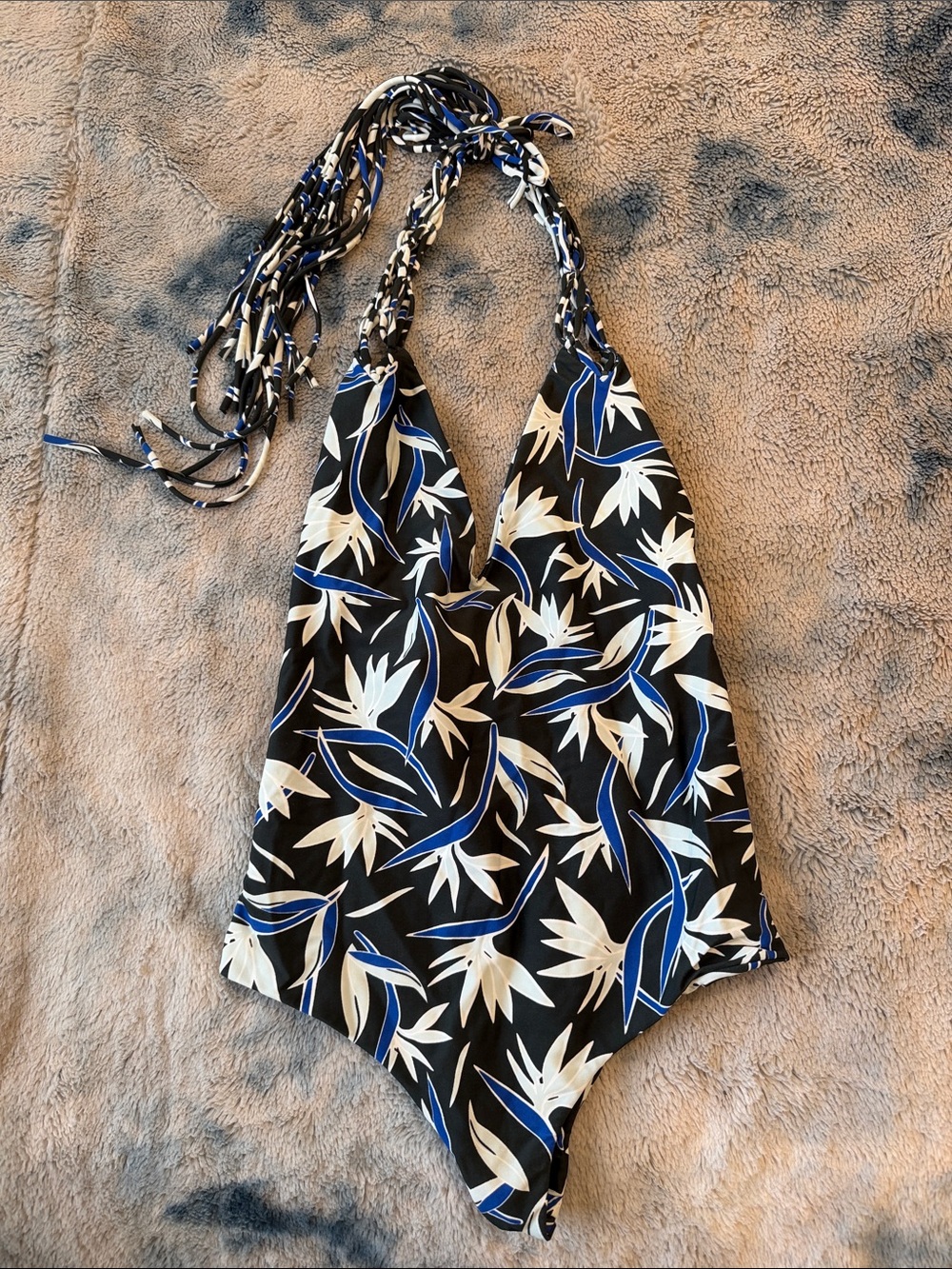 Mikoh Black, White & Blue Floral Halter One-Piece Swimsuit